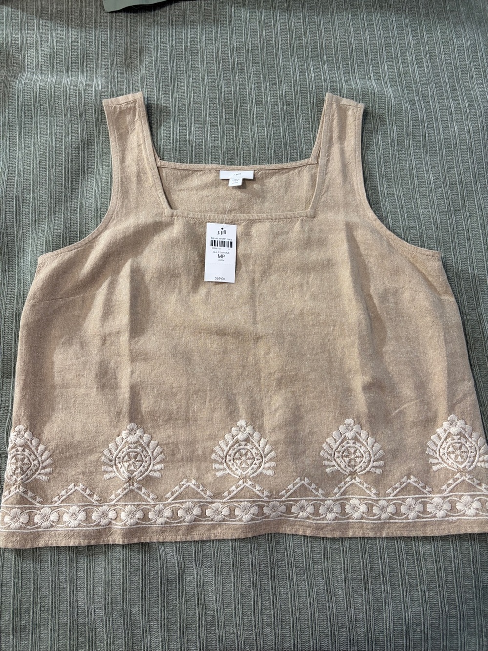J.Jill Linen Embroidered Tank Top Beige Medium Petite MP NWT